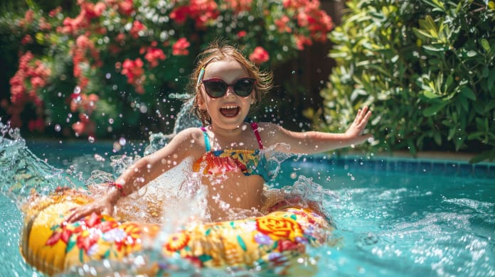 Serene Dream: Little Girl Floating in Pool With Inflatable Raft