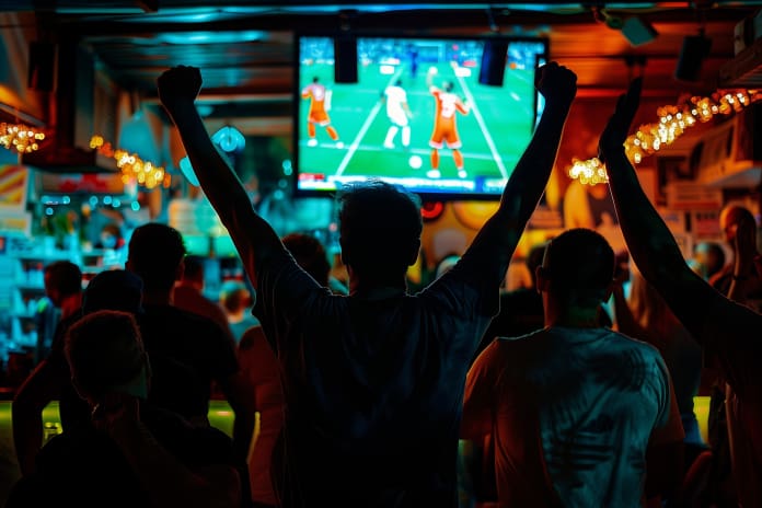 A silhouette of an elated sports fan is captured against the vibrant backdrop of a bar's televised sports event.