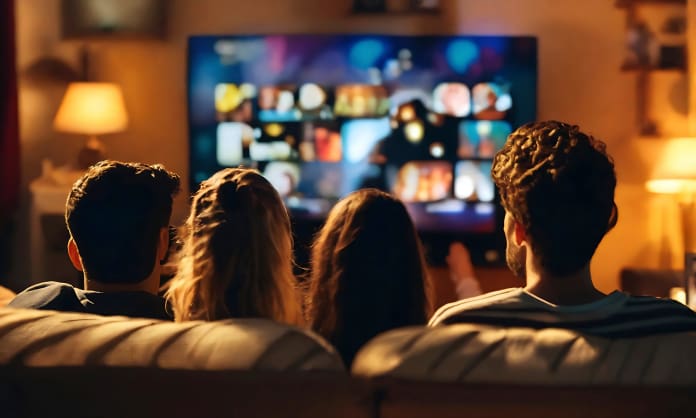Group of friends watching movie on screen TV set. Back view of young people sitting on sofa and watching cinema. Group of 4 friends relaxing on couch at home and enjoying interesting media television