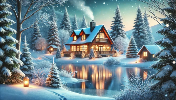 DALL·E 2024-12-22 15.59.57 - A serene winter landscape featuring a cozy villa at the center, surrounded by snow-covered trees. The villa has warm glowing lights emanating from its