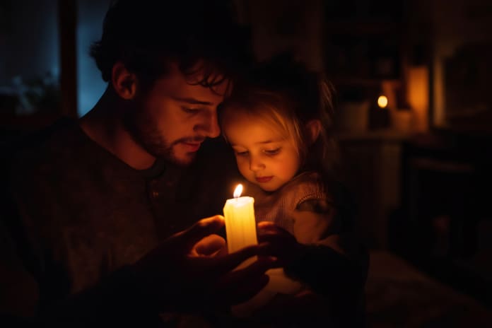Father and little daughter holding a candle in their hands, during an energy blackout at their home