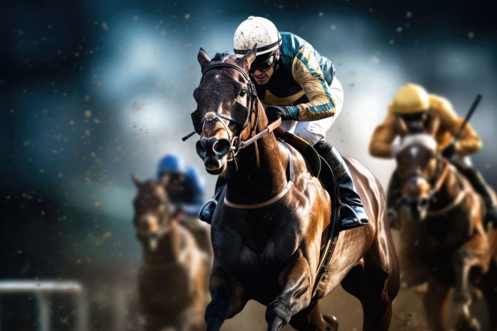 Jockey at horse racing competition. Generative AI