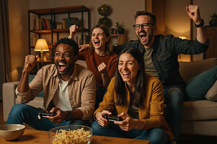 Group of friends cheering and playing video games together at home during a fun night