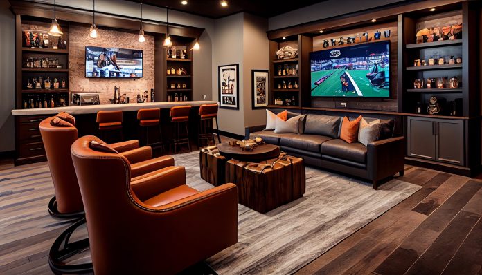 a luxurious and spacious room designed for sports enthusiasts, with a large 4K TV, comfortable leather couches, wall-mounted shelves filled with sports memorabilia, and a bar with a sink and a refrige