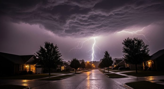 Dramatic lightning strikes over a residential street during a powerful thunderstorm.