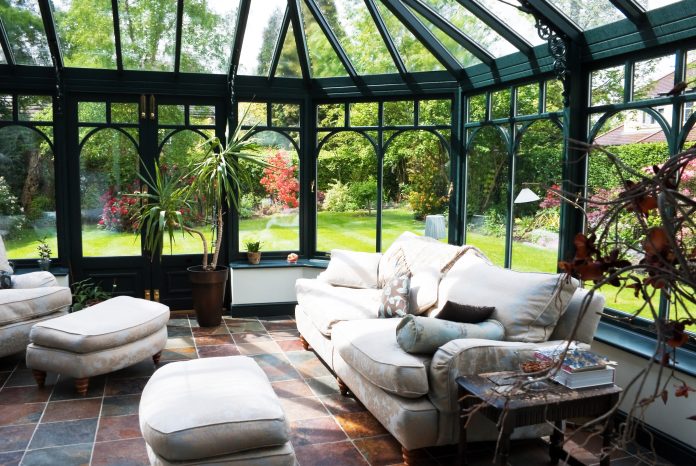 English Conservatory Sunroom with Modern Furniture