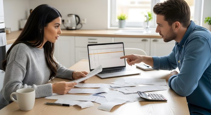 Couple reviewing finances and bills at kitchen table with laptop and calculator, home budgeting and financial planning