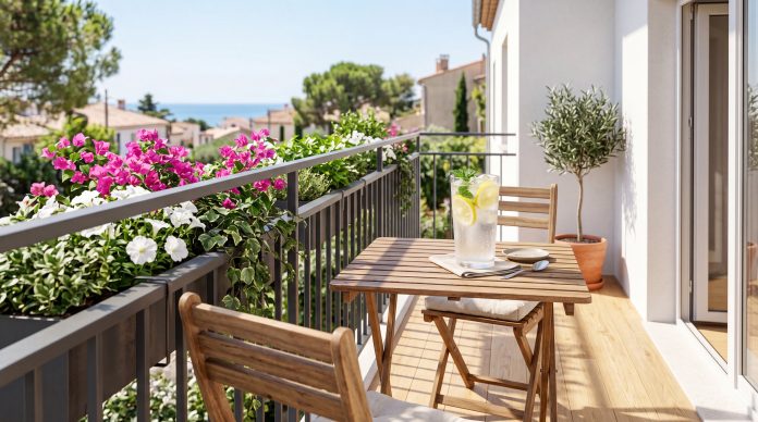 Modern apartment balcony with wooden furniture, blooming flowers, green plants and refreshing drinks overlooking a sunny coastal sea view.